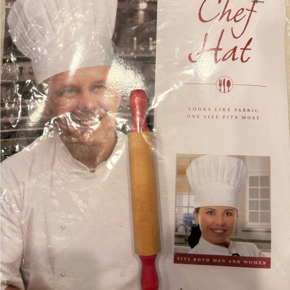 Chef Hat with mini Red and Tan Rolling Pin